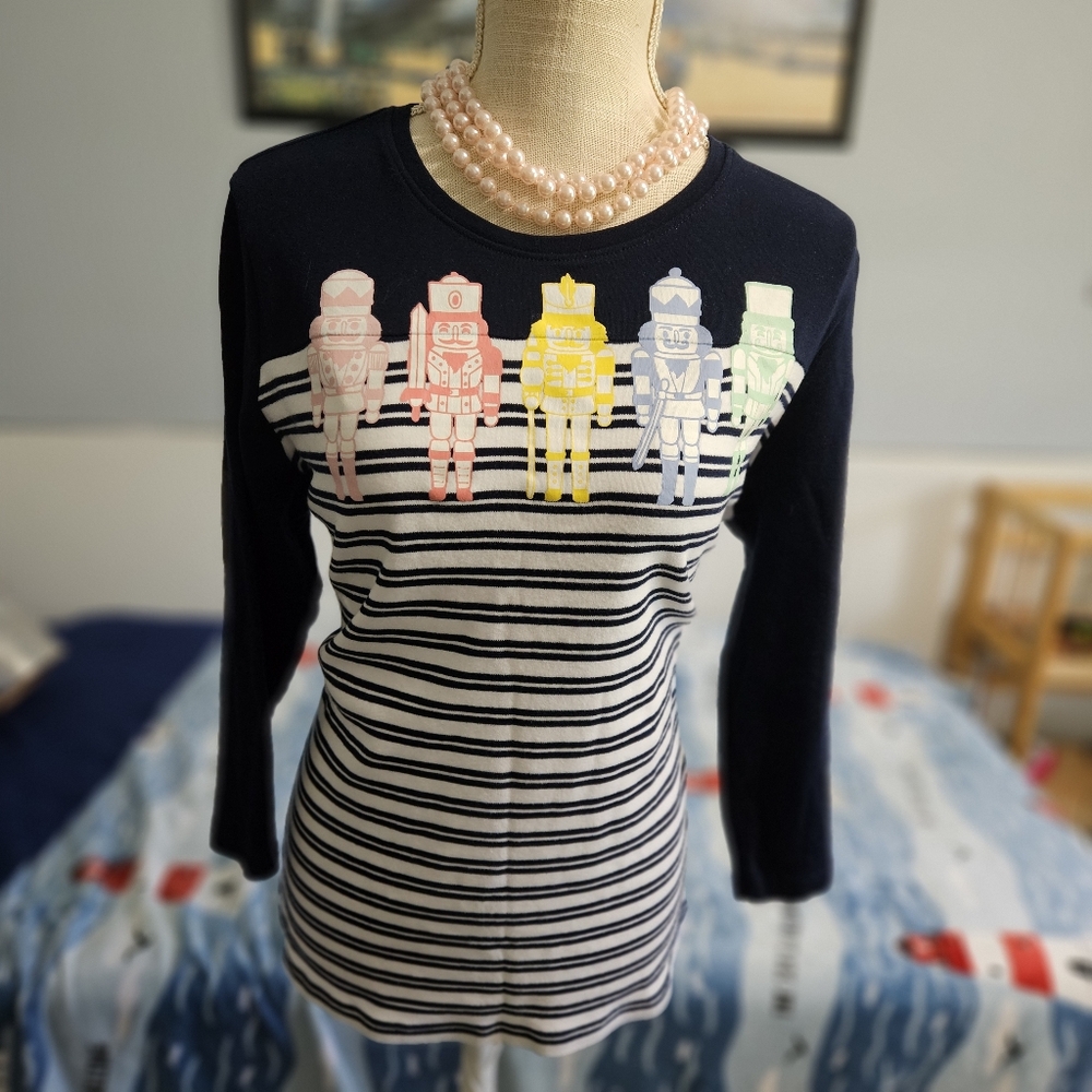 Kim Rogers 3/4 Sleeve Nutcracker Christmas Sweater. Blue & White Stripes Size L.